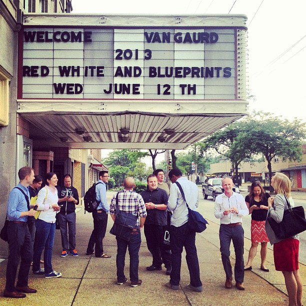 Vanguards outside the LaSalle Theater, located in the neighborhood of Collinwood, with our hosts and tour guides, Seth Beattie and Jack Storey.